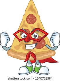 Slice of pizza cartoon drawing concept performed as a Super hero. Vector illustration