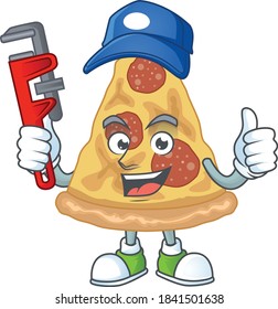 Slice of pizza Cartoon drawing concept work as smart Plumber. Vector illustration