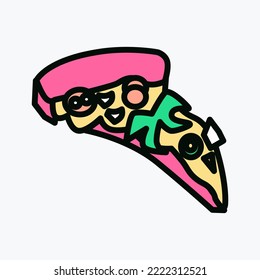 Slice of pizza Cartoon pin in 80s 90s pop art. Fashion modern stiker with cute funkey fast food elements. Vector Illustration