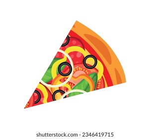 Slice of pizza in cartoon style. Vector illustration of a delicious slice of pizza with sausage, olives, basil, bell pepper, onion rings, tomato, ketchup and cheese isolated on a white background.