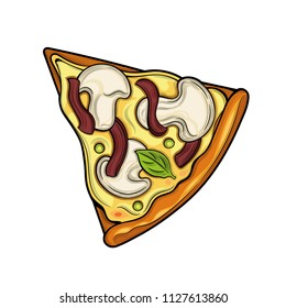 Slice of pizza. Champignon, ham, peas, cheese. Illustration. Isolated images on white background. Vintage style.