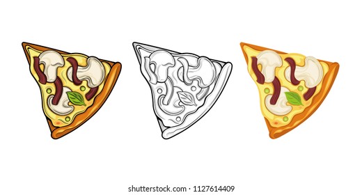 Slice of pizza. Champignon, ham, peas, cheese. Illustration. Isolated images on white background. Vintage style.