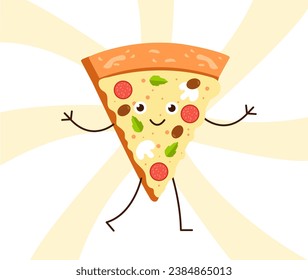 Parte del concepto del personaje de la pizza. Cocina tradicional italiana. Cafetería o menú de restaurante, comida rápida. Pegatina para redes sociales y mensajeros. Dibujo vectorial plano de dibujos animados