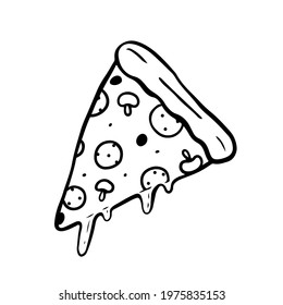 Slice of pizza with cheese, mushrooms and sausage isolated on white background. Vector hand-drawn illustration in doodle style. Perfect for menu, logo, decorations.