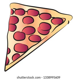 Eine Scheibe Pizza mit Käse und Pepperoni oder anderen Fleischspänen, Vektorfarbzeichnung oder Illustration 