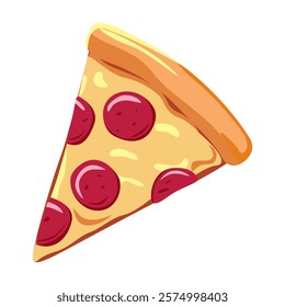 Slice of pizza with cheese and sausage, Italian pepperoni pizza. Vector illustration of fast food on white background