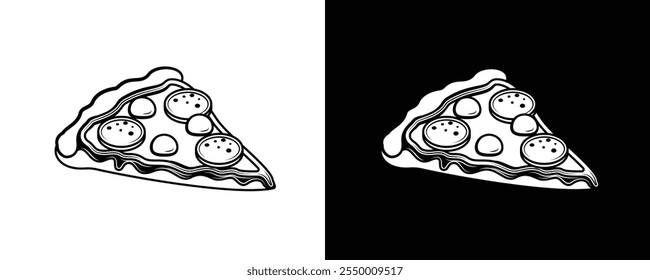 A slice of pizza with cheese and sausage. Original vector illustration in vintage style. T-shirt design. Hand drawn, not AI