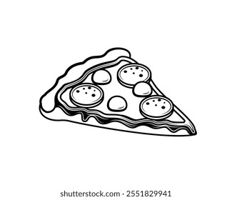 A slice of pizza with cheese and sausage. Original vector illustration in vintage style. T-shirt design. Hand drawn, not AI