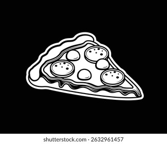 A slice of pizza with cheese and sausage. Original vector illustration in vintage style. T-shirt design. Hand drawn, not AI
