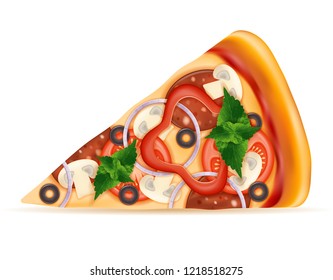 slice of pizza with cheese tomato salami olive champignon onion stock vector illustration isolated on white background