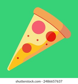 A slice of pizza with cheese and tomatoes on a green background, ready to eat