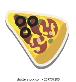 A slice of pizza with cheese, tomatoes, sausage and olives. Sticker.