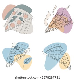 A slice of pizza with cheese vector illustration. Delicious Italian pizza with mozzarella, olives, tomatoes and basil.