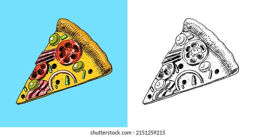 Slice of pizza with cheese. yummy italian vegetarian food with tomatoes, olives and eggplant. Label for restaurant menu. Hand drawn template. Vintage sketch style.