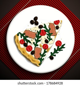 Slice of pizza with cherry tomato, olives and arugula on white plate.