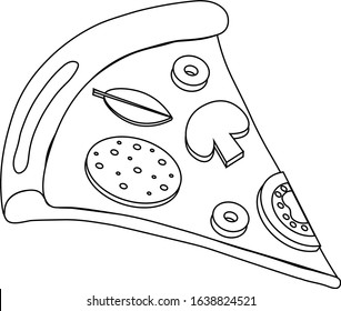 slice pizza with chopped champignon mushroom, salami sausage circle, ring of olives, semicircle tomato and basil leaf. Illustration in doodle and flat style. black and white icon for print restaurant