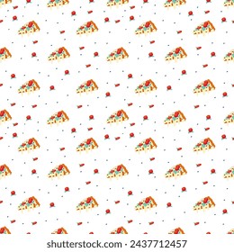 Slice pizza in classic style seamless pattern on a white background