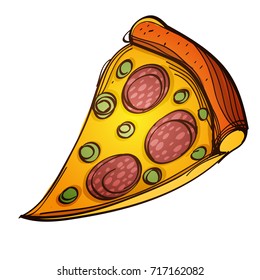 A slice of pizza color illustration for menu design, packaging, for creating a logo or emblem.