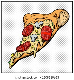 Slice of pizza in comic book style. Pop art vintage vector  illustration. Fast food