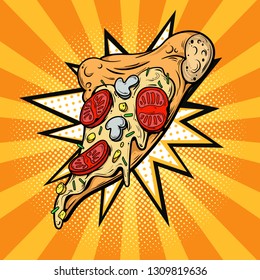 Slice of pizza in comic book style. Pop art vintage vector  illustration. Fast food