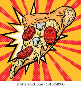 Slice of pizza in comic book style. Pop art vintage vector  illustration. Fast food on yellow background