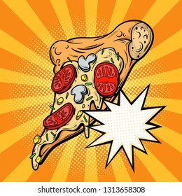 Slice of pizza in comic book style. Pop art vintage vector  illustration. Fast food