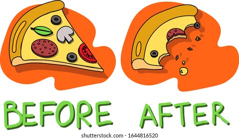 slice of pizza and crust with crumbs. Illustration in flat and doodle style. Concept of before and after. Colorful icon for print for restaurant menu and paper napkin.