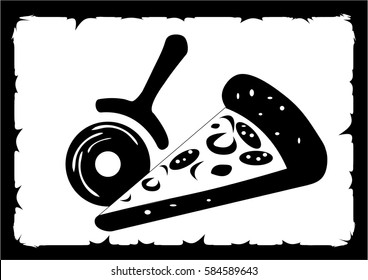 A slice of pizza and pizza cutter