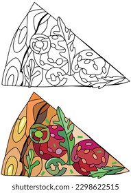 Slice of pizza, decorative zentangle vector illustration for coloring. Color and outline set