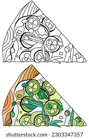 Slice of pizza, decorative zentangle vector illustration for coloring. Color and outline set