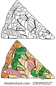 Slice of pizza, decorative zentangle vector illustration for coloring. Color and outline set