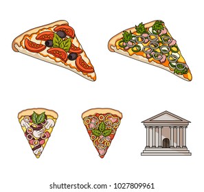 A slice of pizza with different ingredients. Different pizza set collection icons in cartoon style vector symbol stock illustration web.