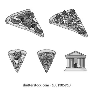 A slice of pizza with different ingredients. Different pizza set collection icons in monochrome style vector symbol stock illustration web.
