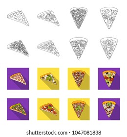 A slice of pizza with different ingredients. Different pizza set collection icons in outline,flet style vector symbol stock illustration web.