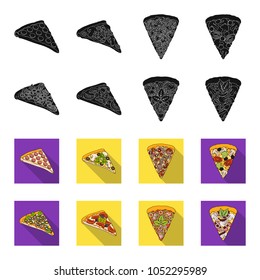 A slice of pizza with different ingredients. Different pizza set collection icons in black,flet style vector symbol stock illustration web.