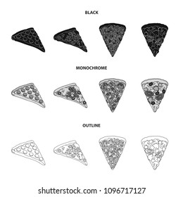 A slice of pizza with different ingredients. Different pizza set collection icons in black,monochrome,outline style vector symbol stock illustration web.