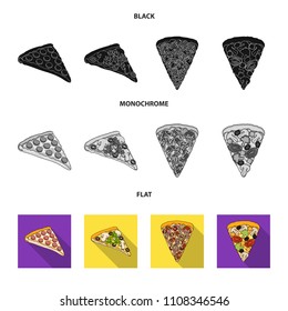 A slice of pizza with different ingredients. Different pizza set collection icons in black, flat, monochrome style vector symbol stock illustration web.