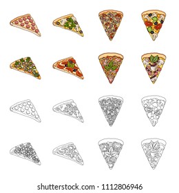 A slice of pizza with different ingredients. Different pizza set collection icons in cartoon,outline style vector symbol stock illustration web.