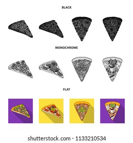 A slice of pizza with different ingredients. Different pizza set collection icons in black, flat, monochrome style vector symbol stock illustration web.
