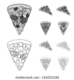 A slice of pizza with different ingredients. Different pizza set collection icons in outline,monochrome style vector symbol stock illustration web.