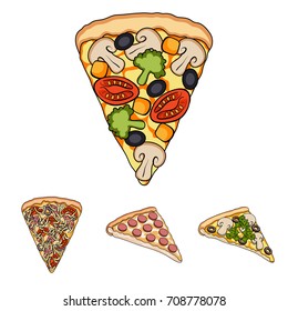 A slice of pizza with different ingredients. Different pizza set collection icons in cartoon style vector symbol stock illustration web.