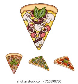 A slice of pizza with different ingredients. Different pizza set collection icons in cartoon style vector symbol stock illustration web.