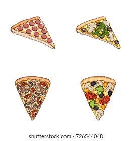 A slice of pizza with different ingredients. Different pizza set collection icons in cartoon style vector symbol stock illustration web.