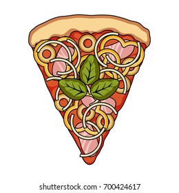 A slice of pizza with different ingredients. Different pizza single icon in cartoon style vector symbol stock illustration web.