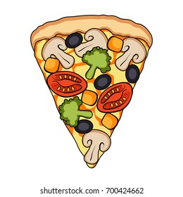 A slice of pizza with different ingredients. Different pizza single icon in cartoon style vector symbol stock illustration web.