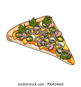 A slice of pizza with different ingredients. Different pizza single icon in cartoon style vector symbol stock illustration web.