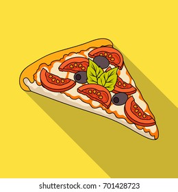 A slice of pizza with different ingredients. Different pizza single icon in flat style vector symbol stock illustration web.