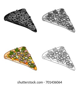 A slice of pizza with different ingredients. Different pizza single icon in cartoon style vector symbol stock illustration web.