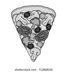A slice of pizza with different ingredients. Different pizza single icon in monochrome style vector symbol stock illustration web.