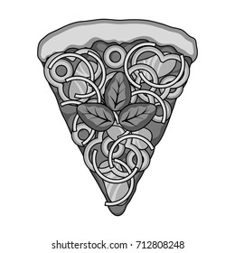 A slice of pizza with different ingredients. Different pizza single icon in monochrome style vector symbol stock illustration web.